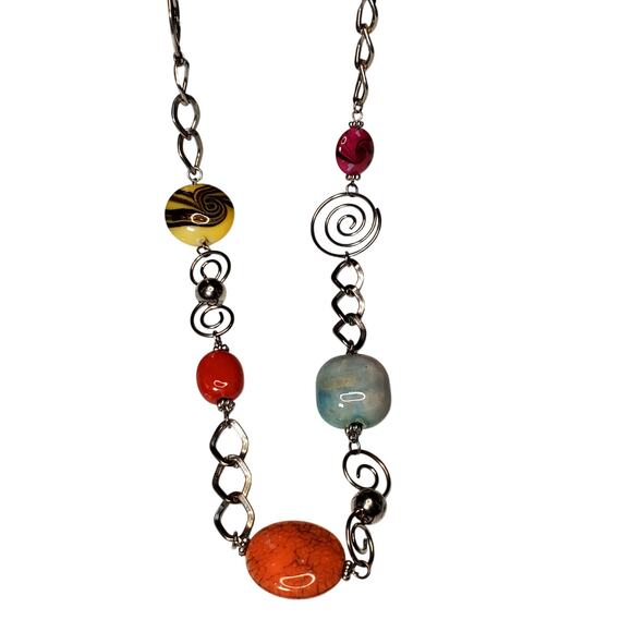 Silver Tone Extra Long Colorful Bohemian Necklace 36" Retro - Picture 2 of 5